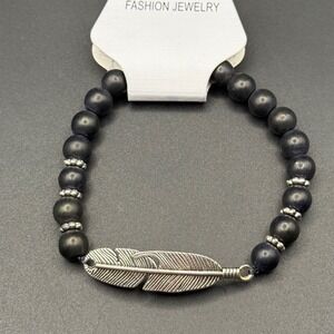 Fashion Jewelry Black Purple‎ Beaded Stretch Bracelet Silver Feather Charm Boho